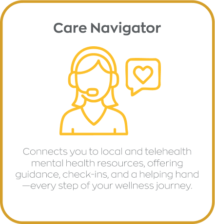 Illustration of a female support representative wearing a headset, with a speech bubble containing a heart icon. The text above reads 'Care Navigator.' Below, it states: 'Connects you to local and telehealth mental health resources, offering guidance, check-ins, and a helping hand every step of your wellness journey.' This service is provided by Insite Health NJ.