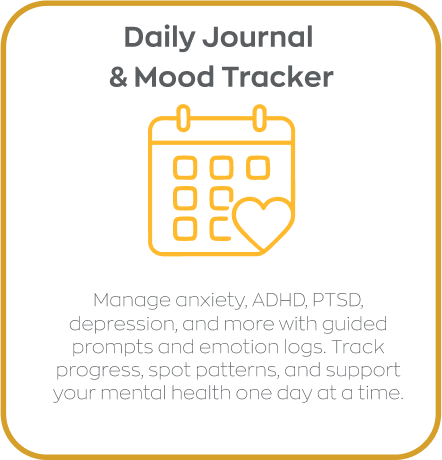 Illustration of a calendar with a heart icon in the bottom-right corner. The header reads 'Daily Journal & Mood Tracker.' The text below says: 'Manage anxiety, ADHD, PTSD, depression, and more with guided prompts and emotion logs. Track progress, spot patterns, and support your mental health one day at a time.' This mental wellness tool is offered by Insite Health NJ