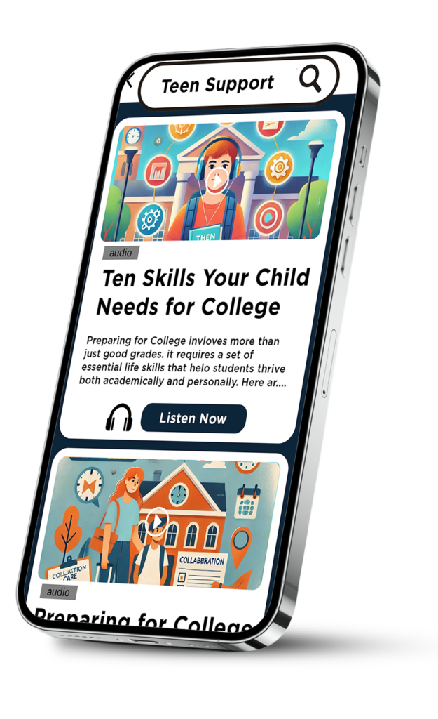 Smartphone displaying the 'Teen Support' section from the Insite Health NJ platform. The screen shows an audio episode titled 'Ten Skills Your Child Needs for College' with an illustrated student in front of a school, surrounded by icons representing life skills. Below it is another episode titled 'Preparing for College,' featuring a parent and teen in front of a school labeled 'Collaboration.' A 'Listen Now' button invites users to engage. This resource from Insite Health NJ offers local service tips and audio guidance to help your child, teen, or loved one prepare emotionally, socially, and academically for college and beyond.