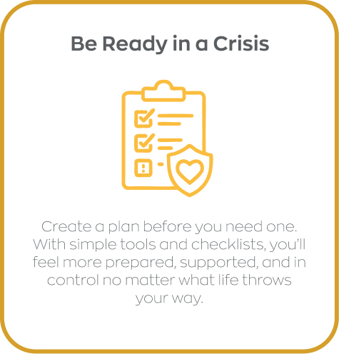 Illustration of a checklist on a clipboard with a shield containing a heart symbol in front. The heading reads 'Be Ready in a Crisis.' The text underneath says: 'Create a plan before you need one. With simple tools and checklists, you’ll feel more prepared, supported, and in control no matter what life throws your way.' Crisis preparedness resources are provided by Insite Health NJ.