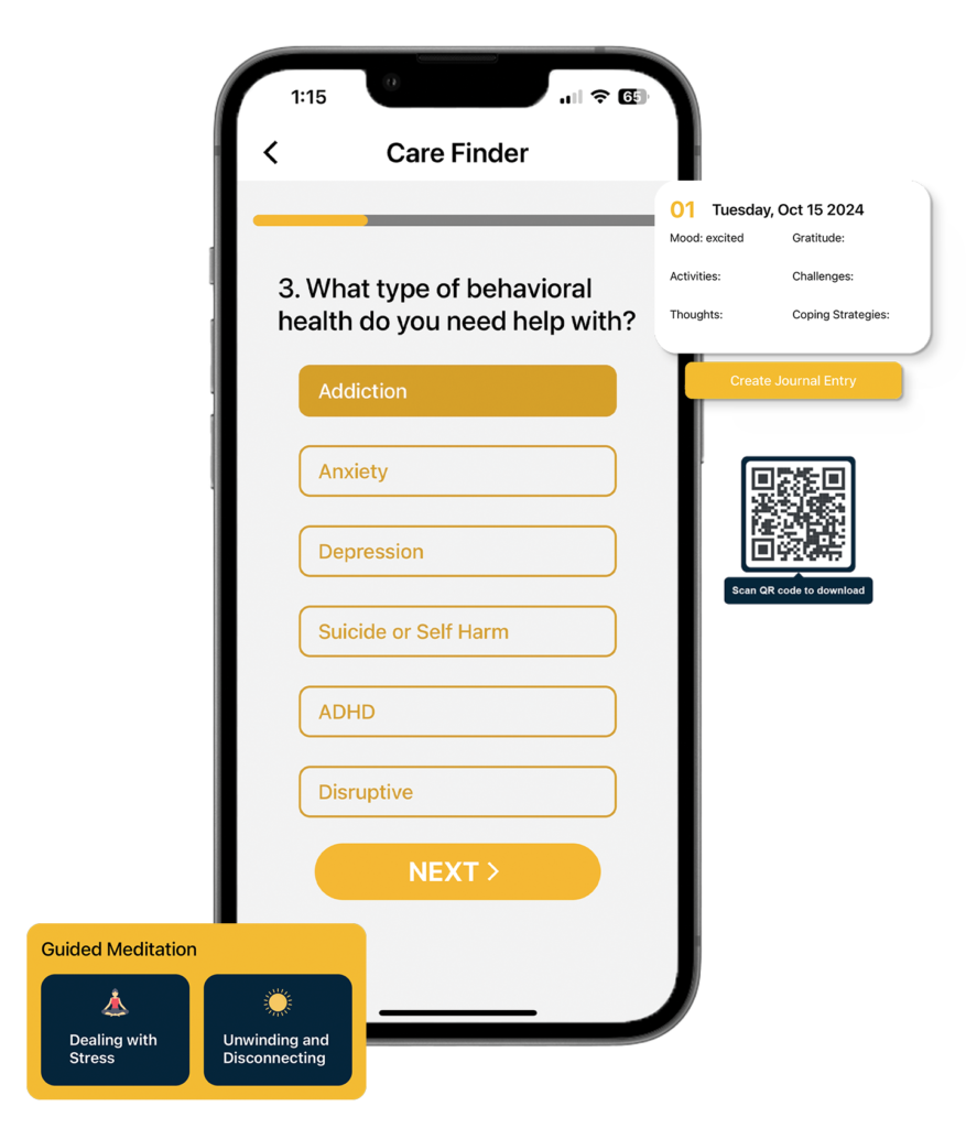 Smartphone displaying the Insite Health NJ 'Care Finder' screen, asking 'What type of behavioral health do you need help with?' Options include Addiction, Anxiety, Depression, Suicide or Self Harm, ADHD, and Disruptive behavior. A yellow 'Next' button is at the bottom. Floating UI elements show a sample journal entry dated October 15, 2024, a QR code to download the app, and guided meditations titled 'Dealing with Stress' and 'Unwinding and Disconnecting.' This interface highlights how Insite Health NJ helps users navigate behavioral health needs, access local resources, and maintain daily mental health routines through guided tools.